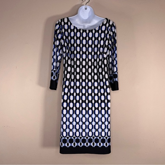 Small AB Studio Blue White Black Dot Print Dress Stretch Event Party Long Sleeve - Picture 7 of 16